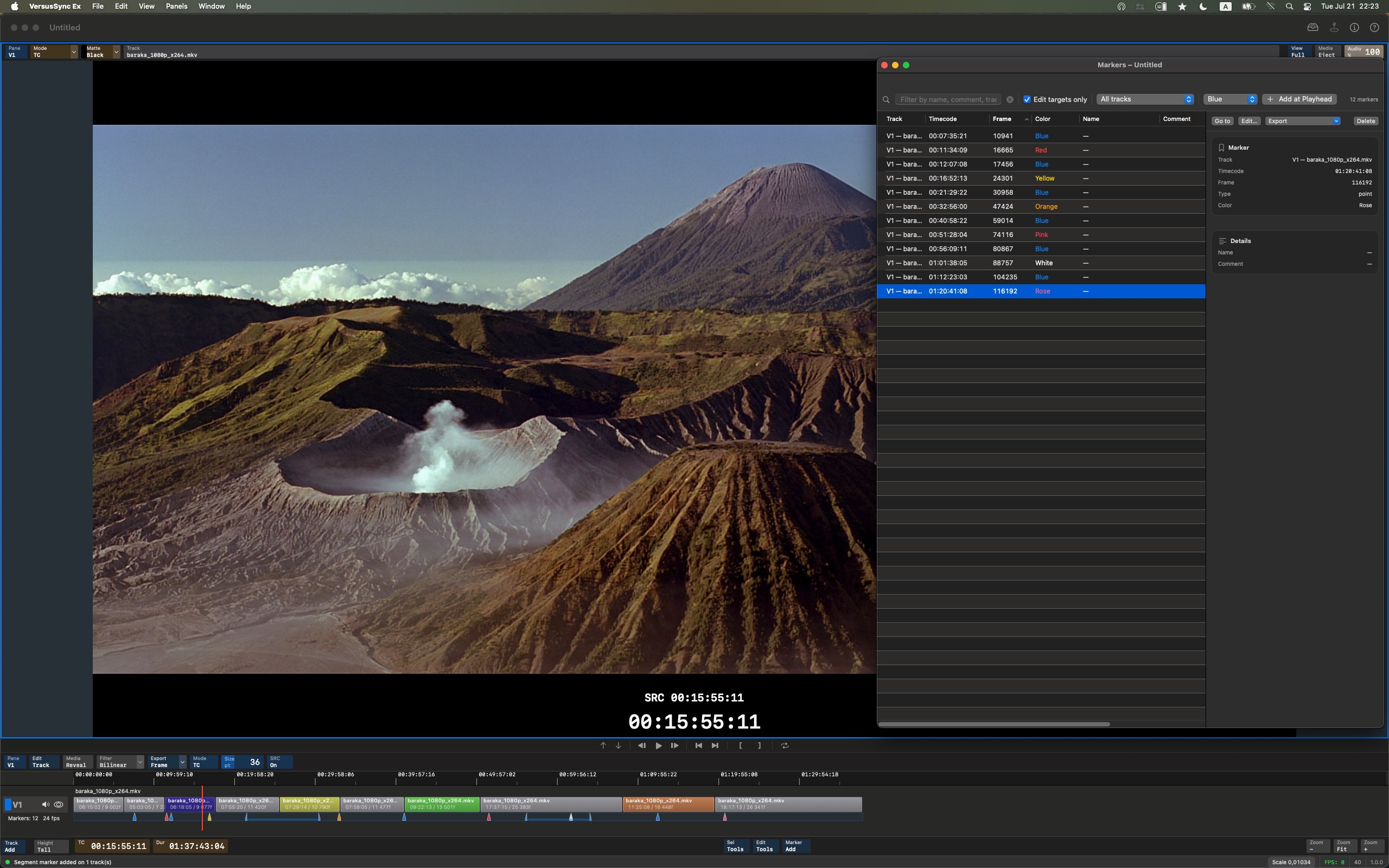 Full VersusSync Ex screenshot: Markers list with track, timecode, color, name, and comment; timeline and viewer behind